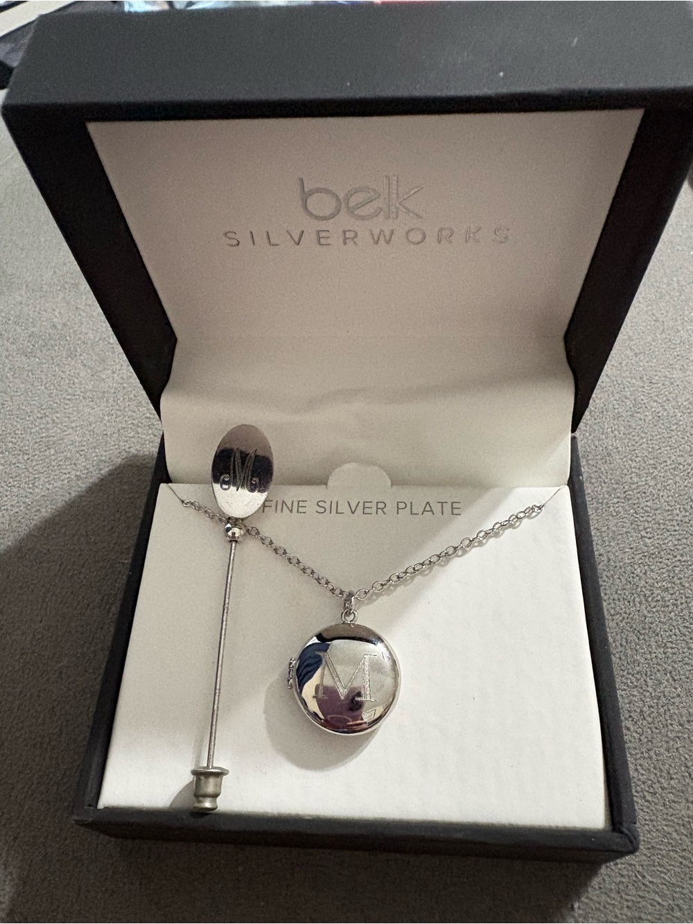 Sterling Silver Stick Pin And Silver Plate Locket Monogram Letter ‘M’ 925